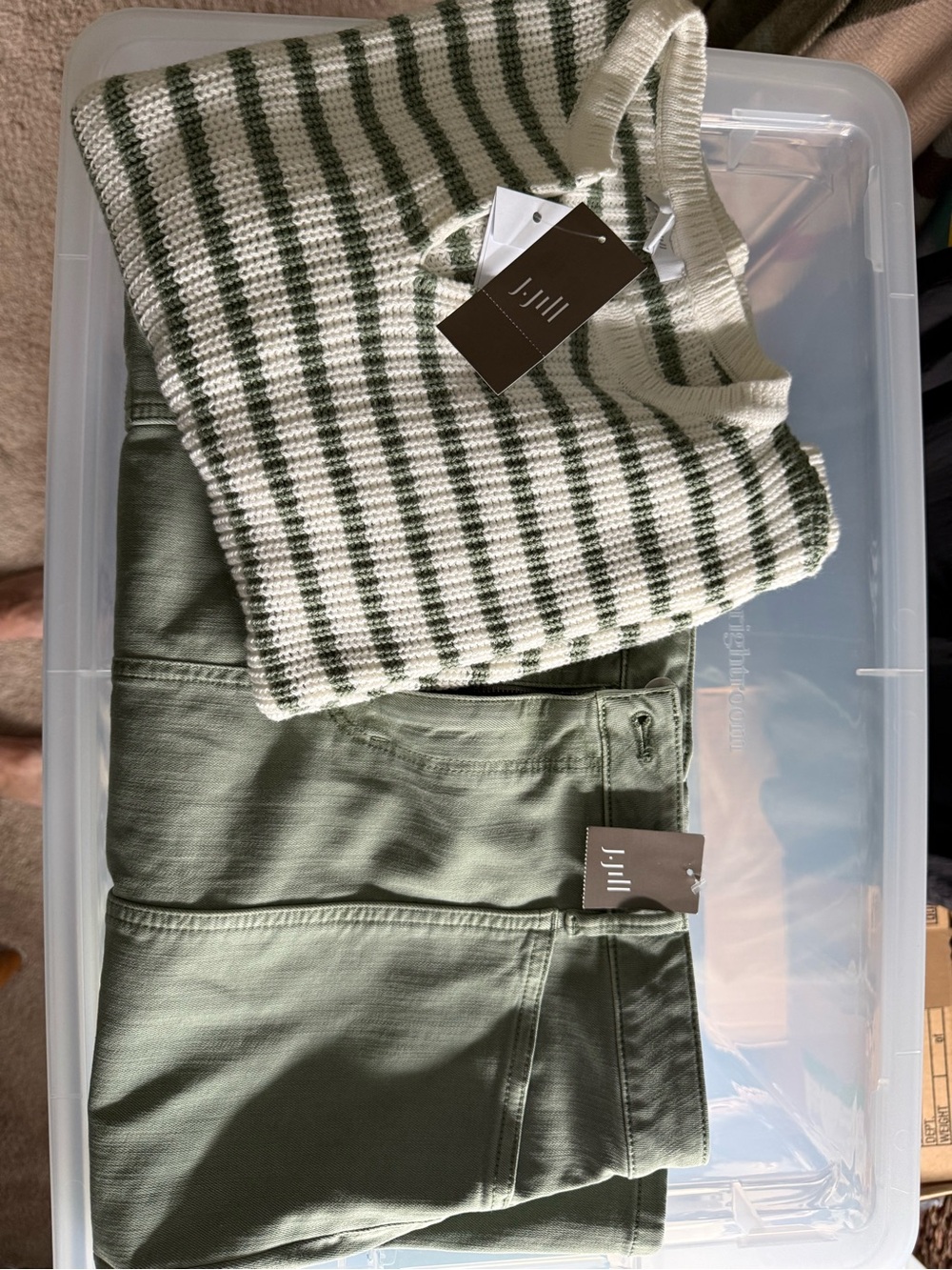 NWT J.Jill Set: Olive Stripe Sweater (21" P2P) Olive Utility Skirt (Sz 10) - Picture 16 of 16